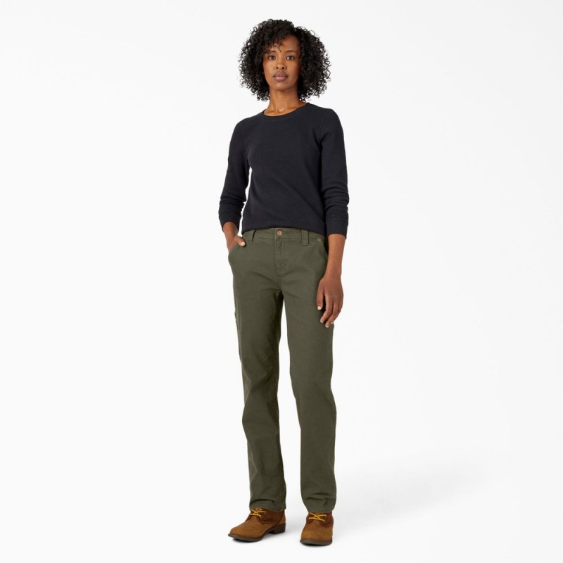 Women's Dickies FLEX Relaxed Straight Fit Duck Carpenter Pants Green | 9427316-XT