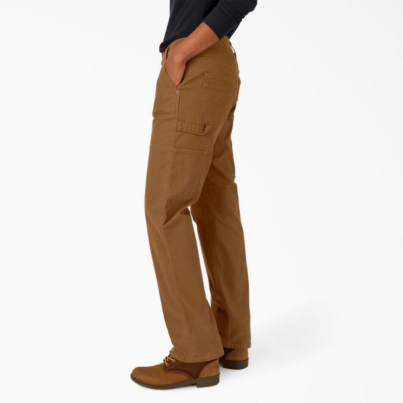 Women's Dickies FLEX Relaxed Straight Fit Duck Carpenter Pants Brown | 9624357-OM