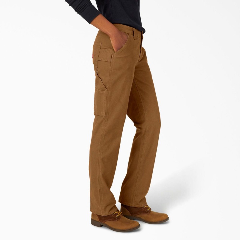 Women's Dickies FLEX Relaxed Straight Fit Duck Carpenter Pants Brown | 9624357-OM