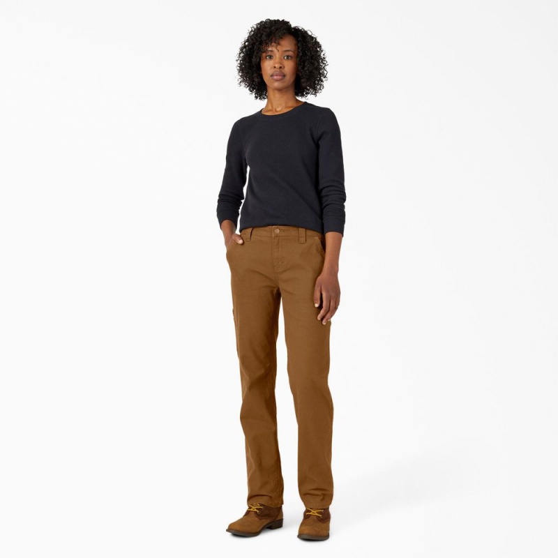 Women's Dickies FLEX Relaxed Straight Fit Duck Carpenter Pants Brown | 9624357-OM