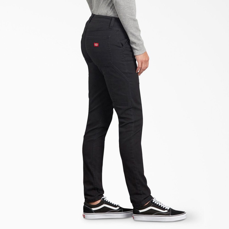 Women's Dickies FLEX Slim Fit Duck Carpenter Pants Black | 6032745-AX