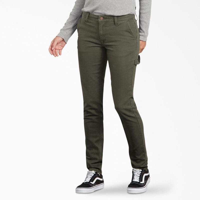 Women\'s Dickies FLEX Slim Fit Duck Carpenter Pants Green | 5174390-SL