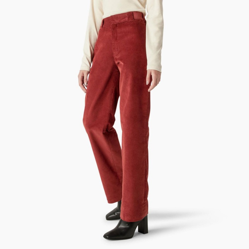 Women's Dickies Halleyville Regular Fit Wide Leg Corduroy Pants Red | 0742938-AN