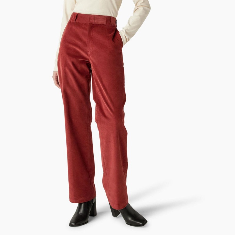 Women\'s Dickies Halleyville Regular Fit Wide Leg Corduroy Pants Red | 0742938-AN