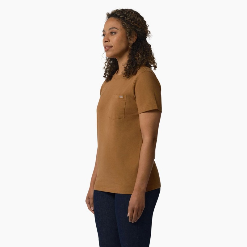 Women's Dickies Heavyweight Short Sleeve Pocket T-Shirt Brown | 5927684-YJ