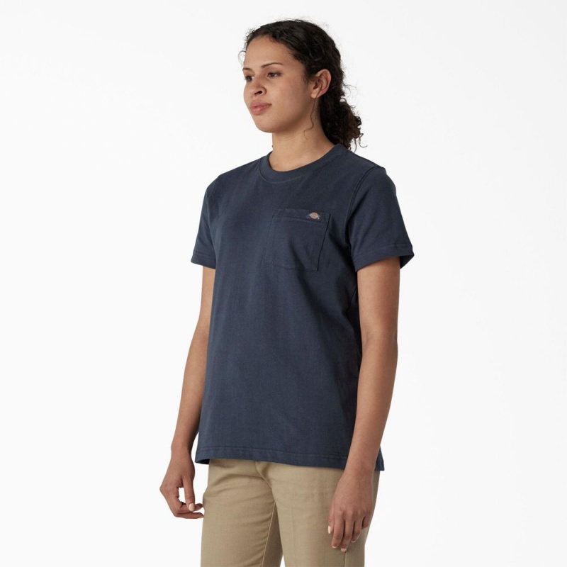 Women's Dickies Heavyweight Short Sleeve Pocket T-Shirt Blue | 5162098-WO