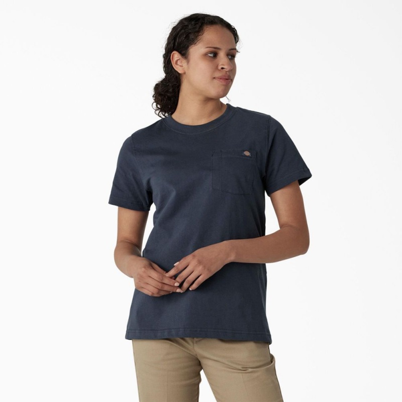 Women\'s Dickies Heavyweight Short Sleeve Pocket T-Shirt Blue | 5162098-WO