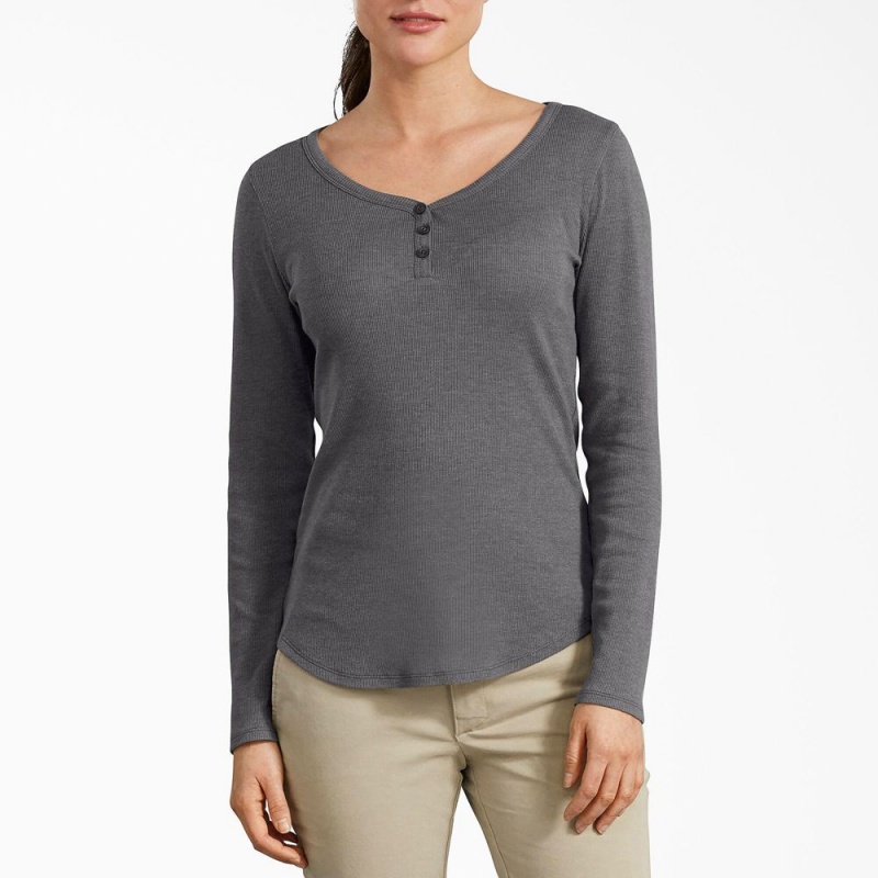 Women\'s Dickies Henley Long Sleeve T-Shirt Grey | 4136528-KU