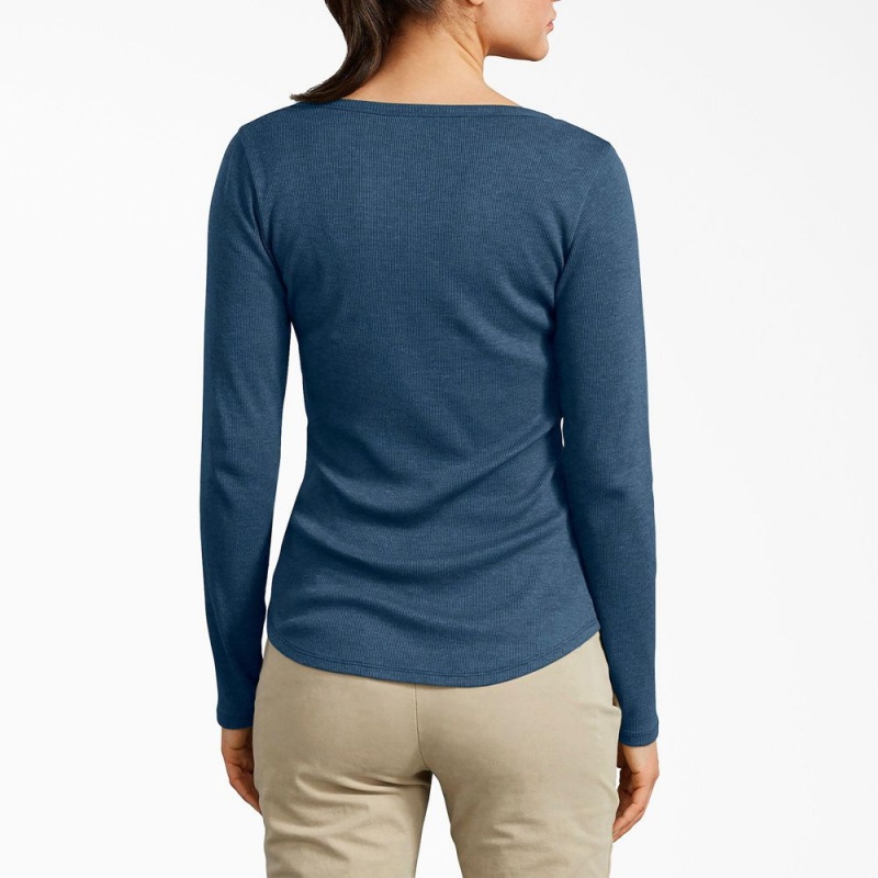 Women's Dickies Henley Long Sleeve T-Shirt Blue | 8012794-RV