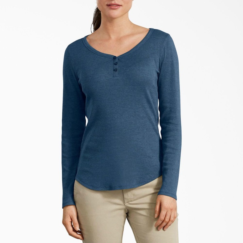 Women\'s Dickies Henley Long Sleeve T-Shirt Blue | 8012794-RV