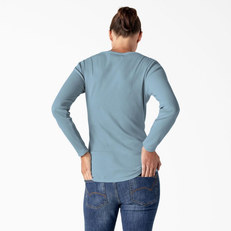 Women's Dickies Henley Long Sleeve T-Shirt Blue | 9750846-PA