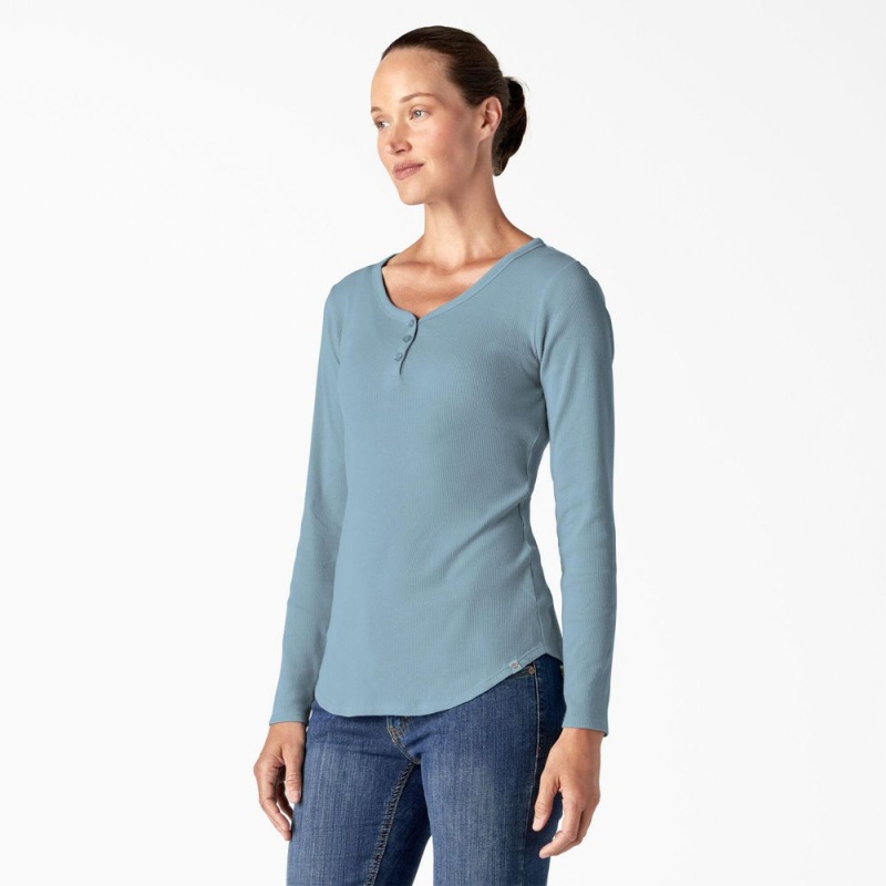 Women's Dickies Henley Long Sleeve T-Shirt Blue | 9750846-PA