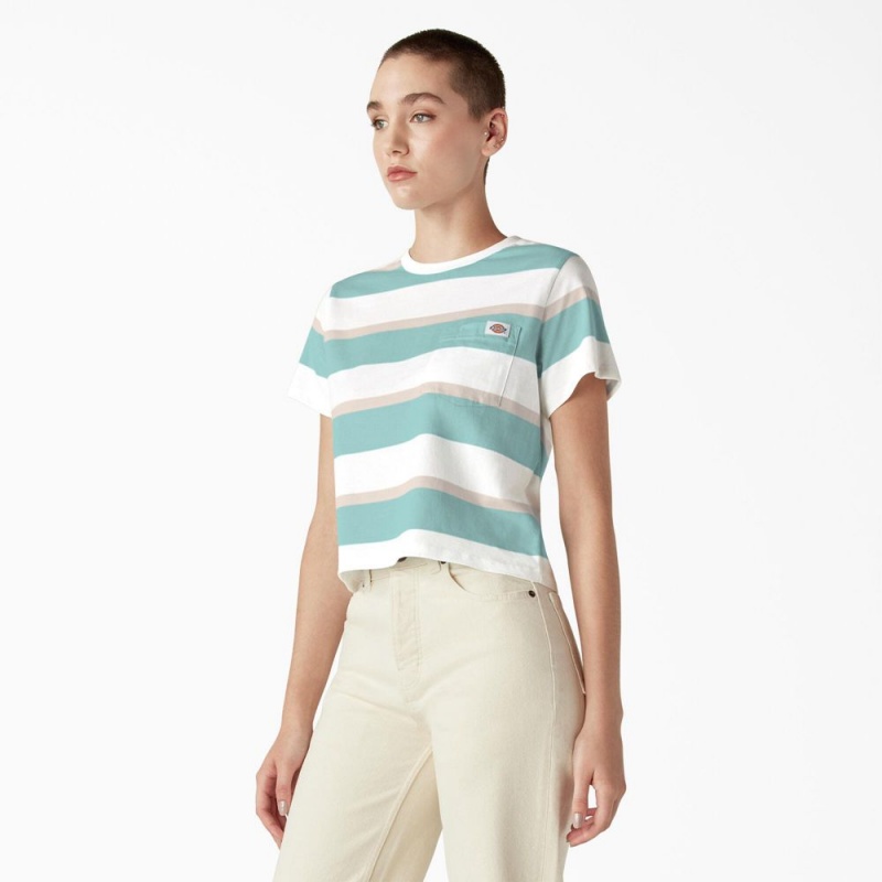 Women's Dickies Large Striped Cropped Pocket T-Shirt Green | 0927365-LE