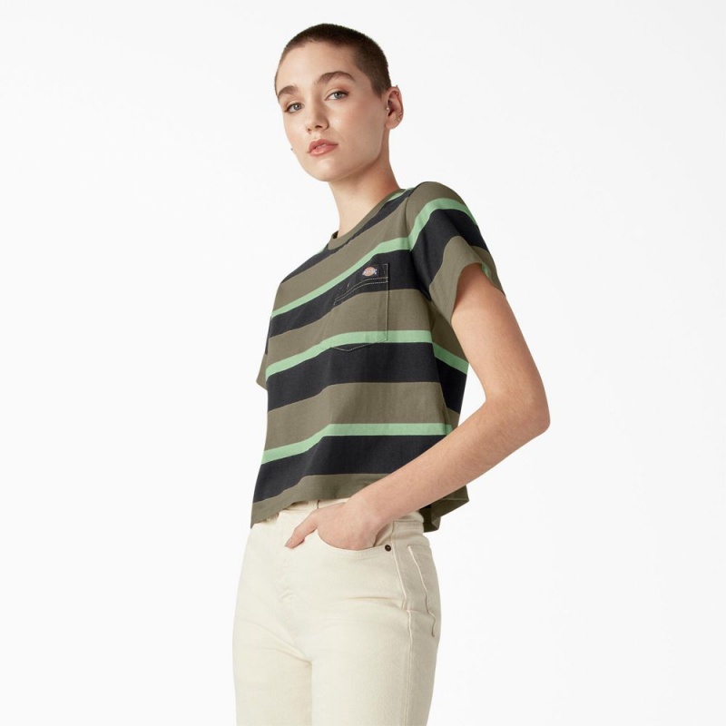 Women's Dickies Large Striped Cropped Pocket T-Shirt Green | 9826534-JW