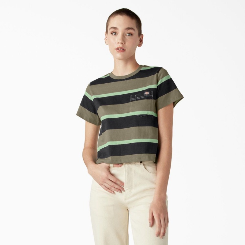 Women\'s Dickies Large Striped Cropped Pocket T-Shirt Green | 9826534-JW