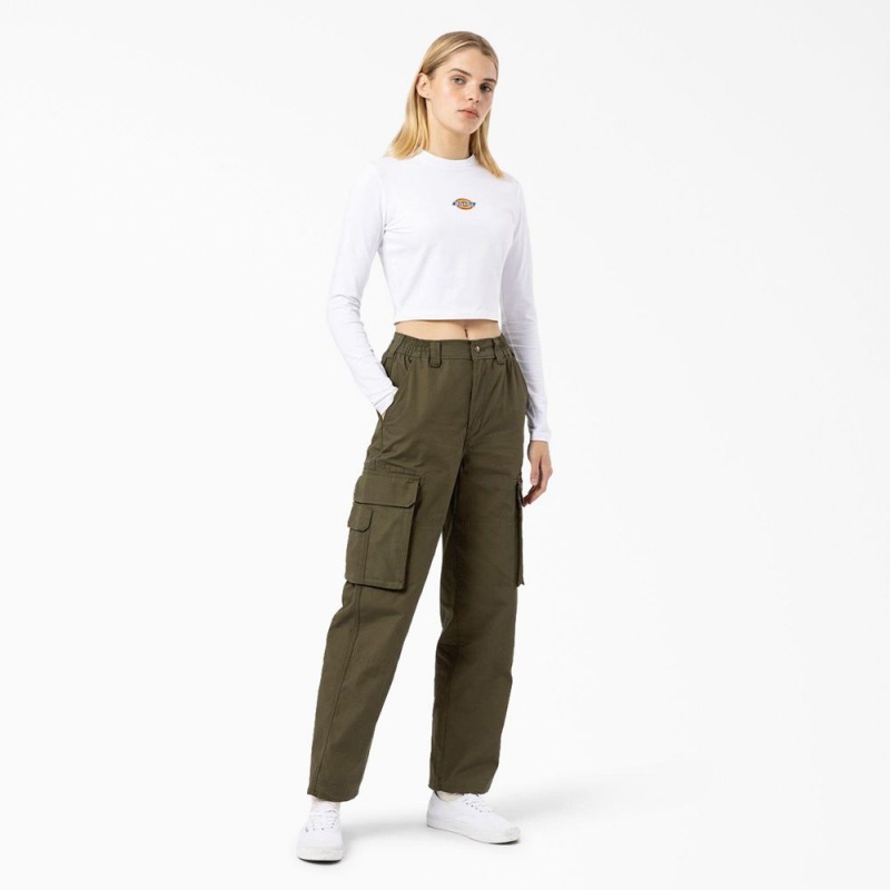 Women's Dickies Maple Valley Logo Long Sleeve Cropped T-Shirt White | 7083154-YC