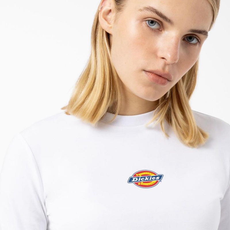 Women's Dickies Maple Valley Logo Long Sleeve Cropped T-Shirt White | 7083154-YC