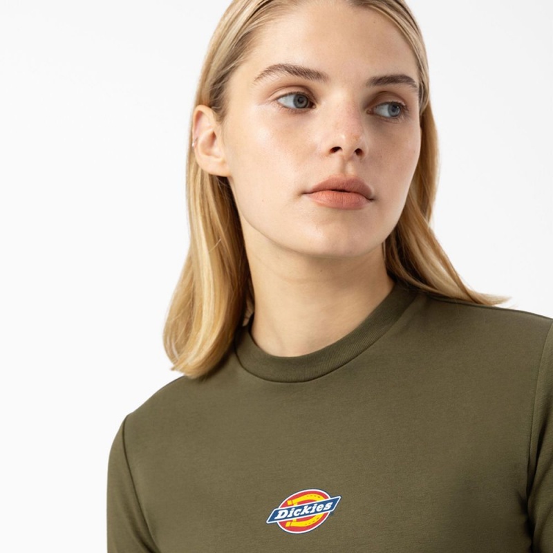 Women's Dickies Maple Valley Logo Long Sleeve Cropped T-Shirt Green | 9376145-NL