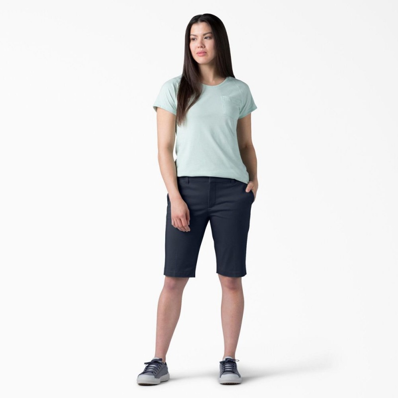 Women's Dickies Perfect Shape Straight Fit Bermuda Shorts Navy | 7231648-AL