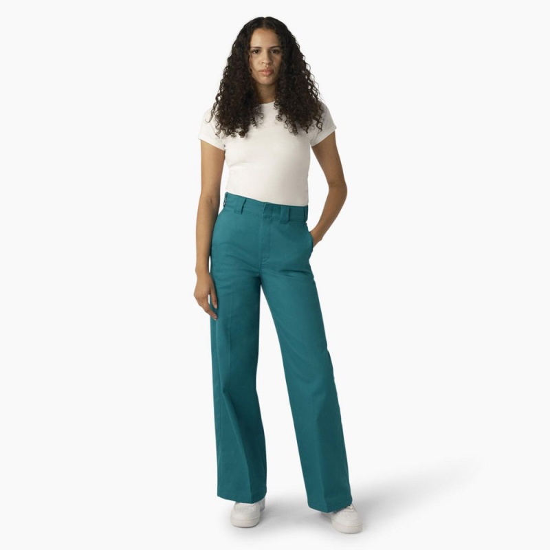 Women's Dickies Regular Fit Wide Leg Work Pants Green | 0782943-RW