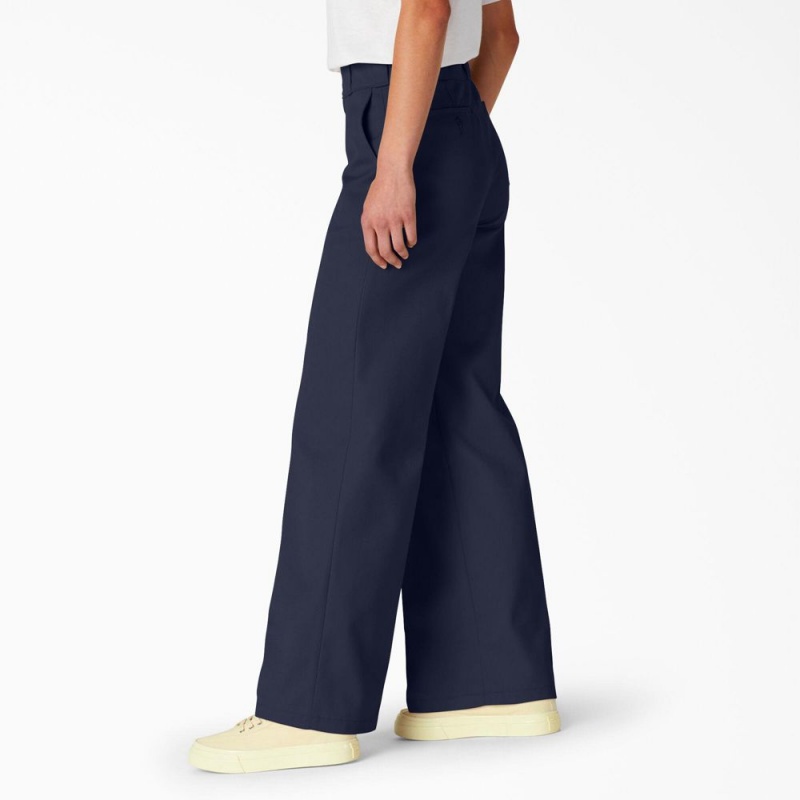 Women's Dickies Regular Fit Wide Leg Work Pants Navy | 9358476-OQ