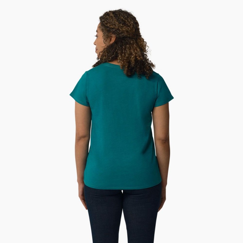 Women's Dickies Short Sleeve V-Neck T-Shirt Blue | 7860129-NV