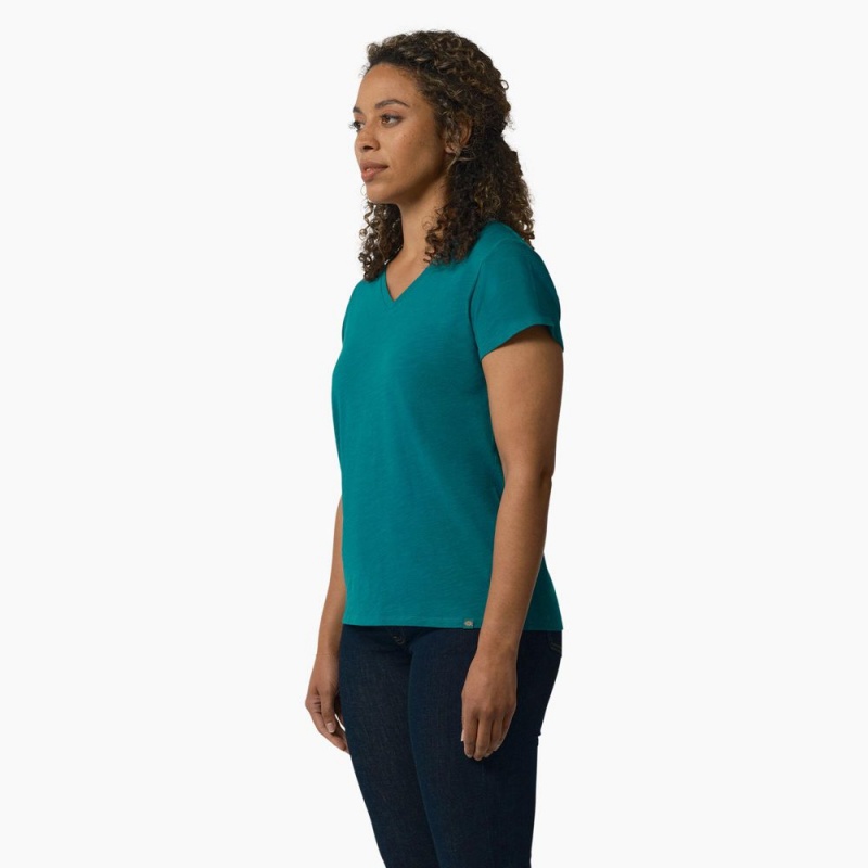 Women's Dickies Short Sleeve V-Neck T-Shirt Blue | 7860129-NV