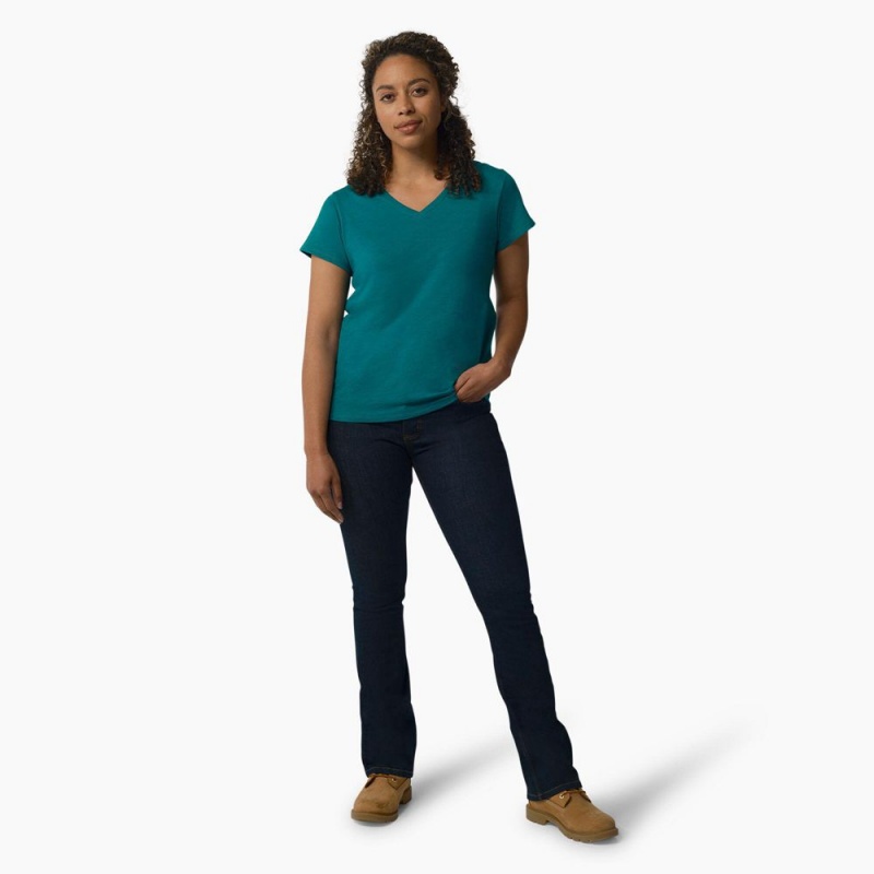 Women's Dickies Short Sleeve V-Neck T-Shirt Blue | 7860129-NV