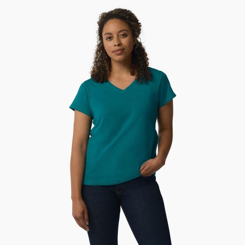 Women\'s Dickies Short Sleeve V-Neck T-Shirt Blue | 7860129-NV