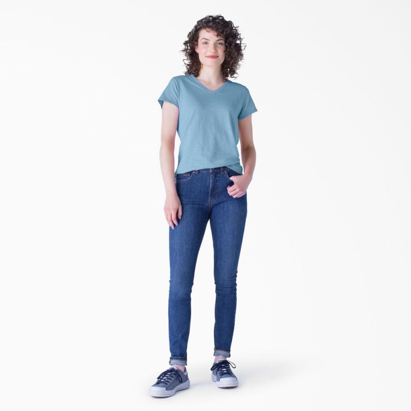 Women's Dickies Short Sleeve V-Neck T-Shirt Blue | 0381297-XC