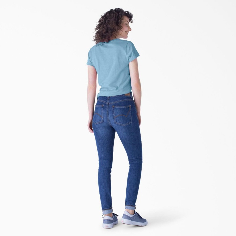 Women's Dickies Short Sleeve V-Neck T-Shirt Blue | 0381297-XC