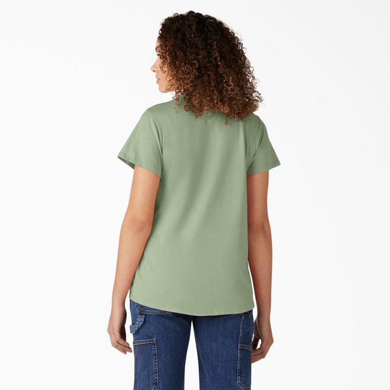 Women's Dickies Short Sleeve V-Neck T-Shirt Green | 9256407-LR