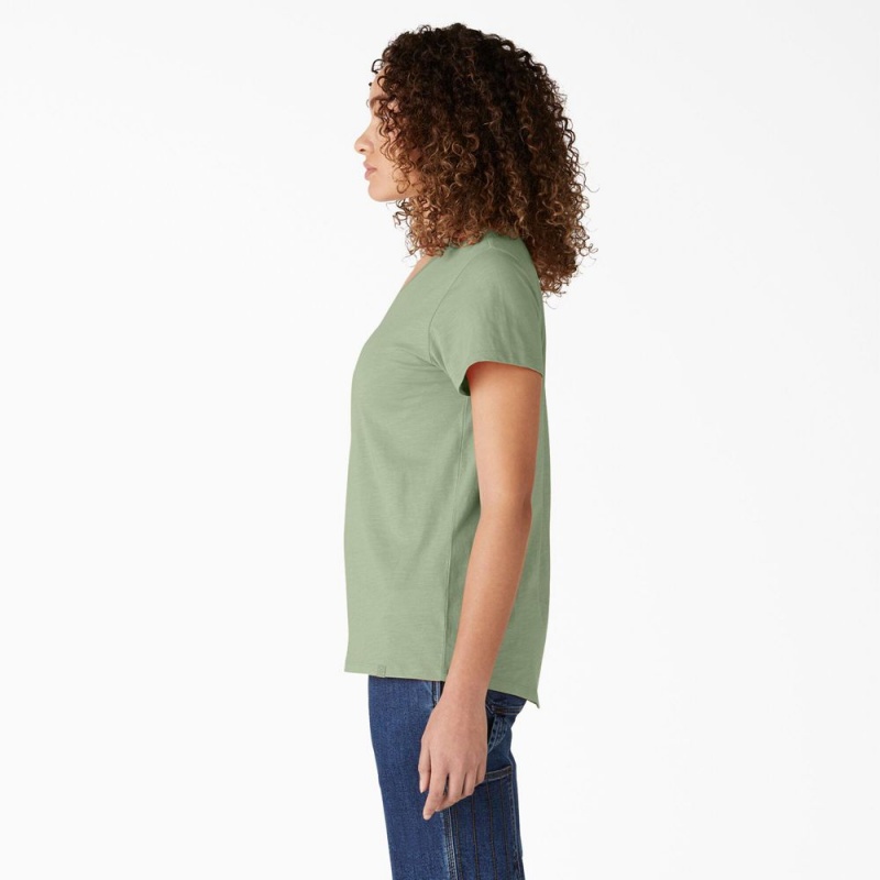 Women's Dickies Short Sleeve V-Neck T-Shirt Green | 9256407-LR