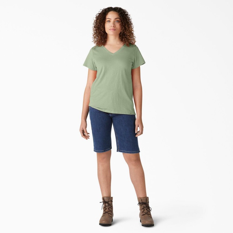 Women's Dickies Short Sleeve V-Neck T-Shirt Green | 9256407-LR