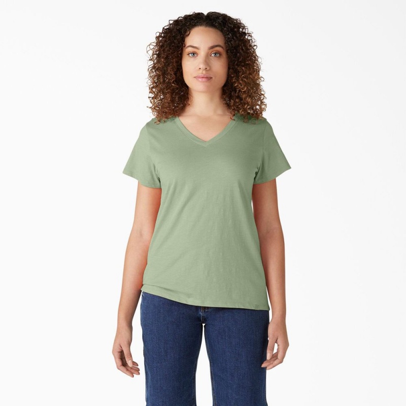 Women\'s Dickies Short Sleeve V-Neck T-Shirt Green | 9256407-LR