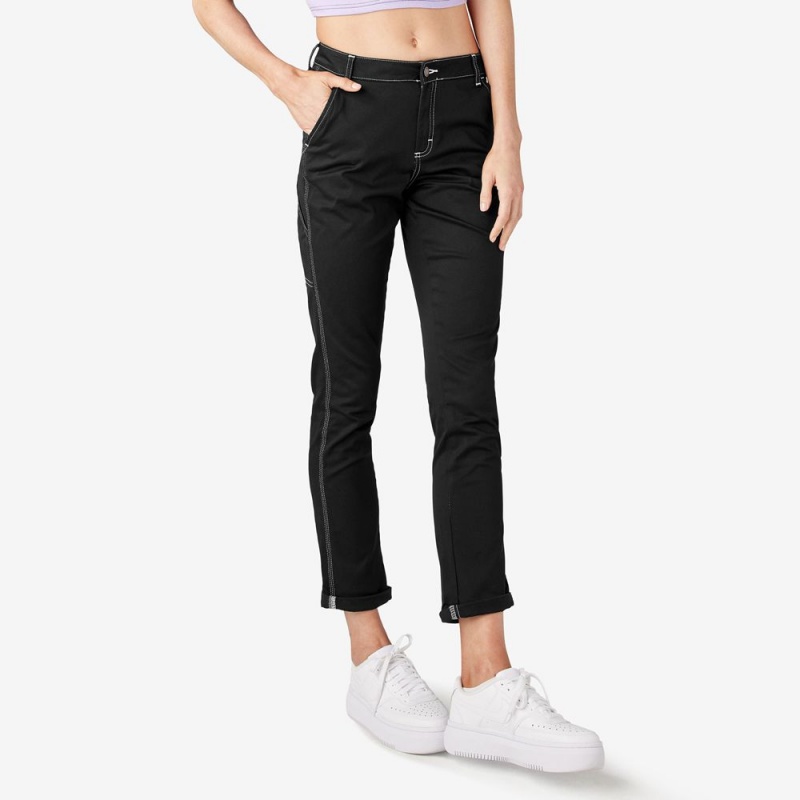 Women's Dickies Slim Straight Fit Roll Hem Carpenter Pants Black | 6930745-JQ