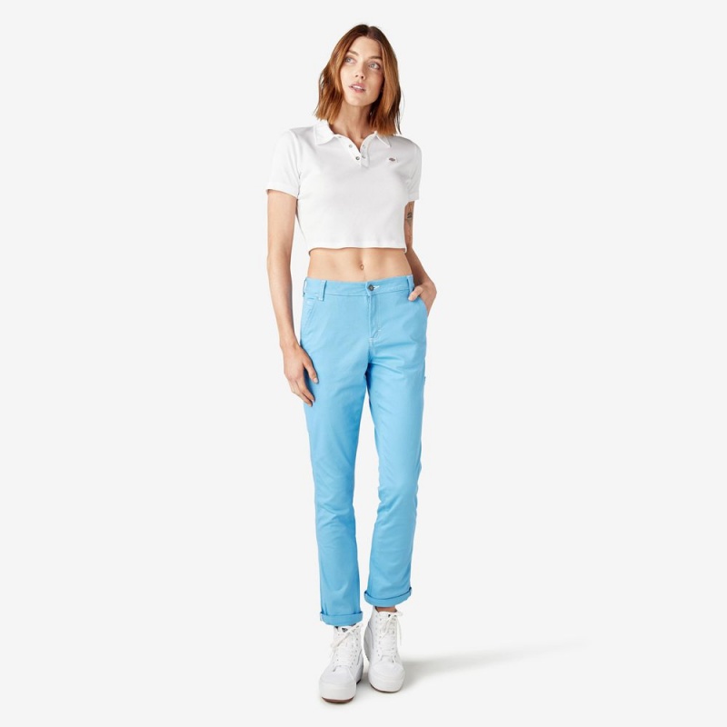 Women's Dickies Slim Straight Fit Roll Hem Carpenter Pants Blue | 4596730-MF