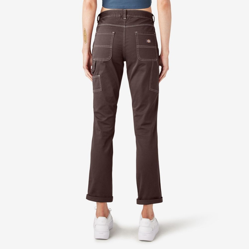 Women's Dickies Slim Straight Fit Roll Hem Carpenter Pants Brown | 7538409-KL