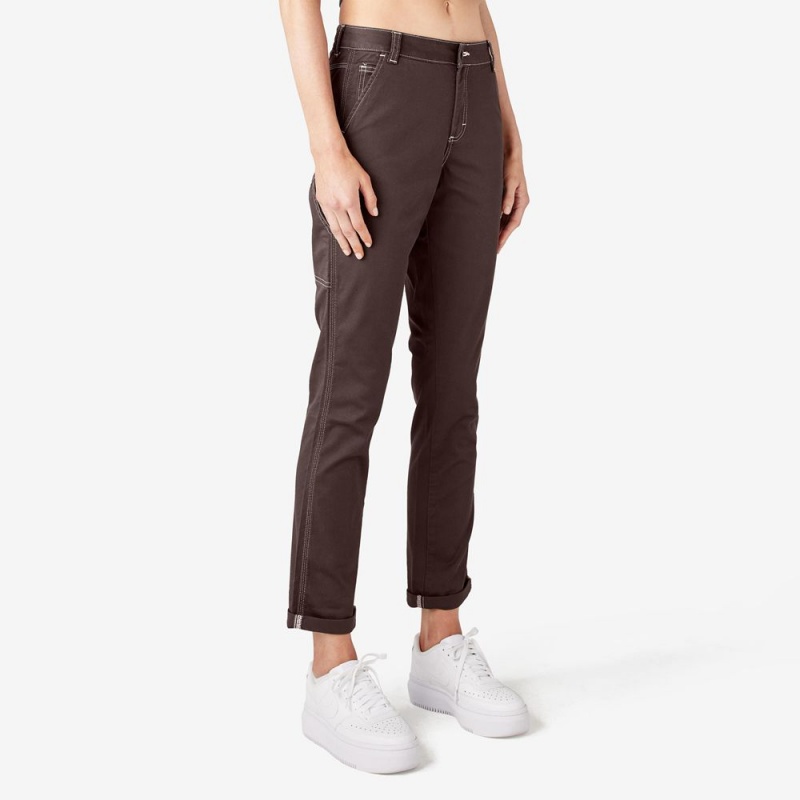 Women's Dickies Slim Straight Fit Roll Hem Carpenter Pants Brown | 7538409-KL