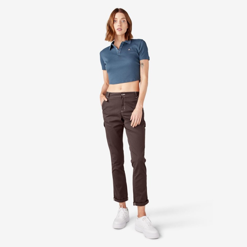 Women's Dickies Slim Straight Fit Roll Hem Carpenter Pants Brown | 7538409-KL