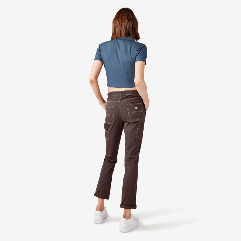 Women's Dickies Slim Straight Fit Roll Hem Carpenter Pants Brown | 7538409-KL