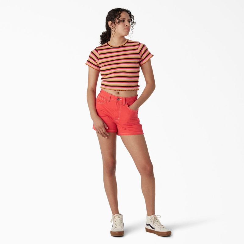 Women's Dickies Striped Cropped Baby T-Shirt Orange | 2936875-EH