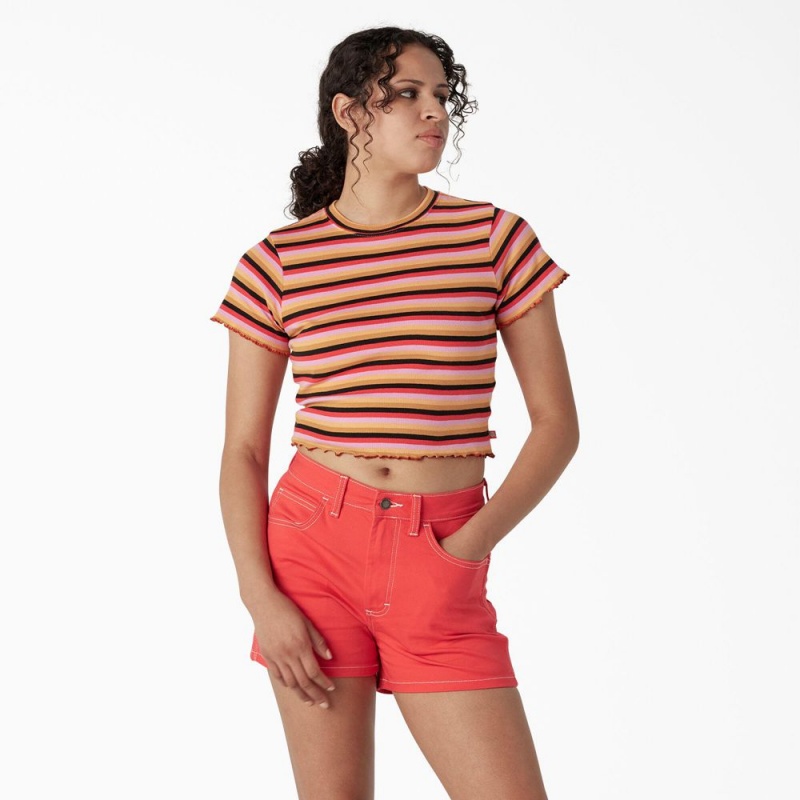 Women\'s Dickies Striped Cropped Baby T-Shirt Orange | 2936875-EH