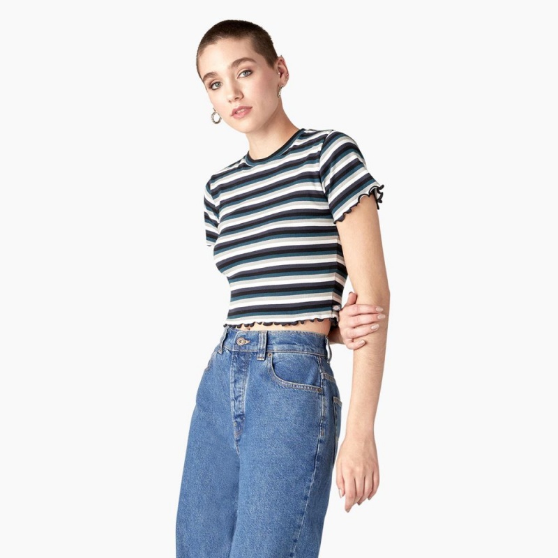 Women's Dickies Striped Cropped Baby T-Shirt Black | 8712340-PI