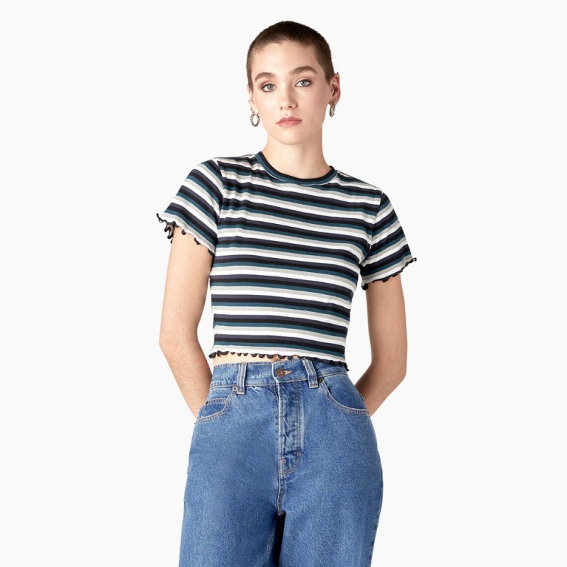 Women\'s Dickies Striped Cropped Baby T-Shirt Black | 8712340-PI