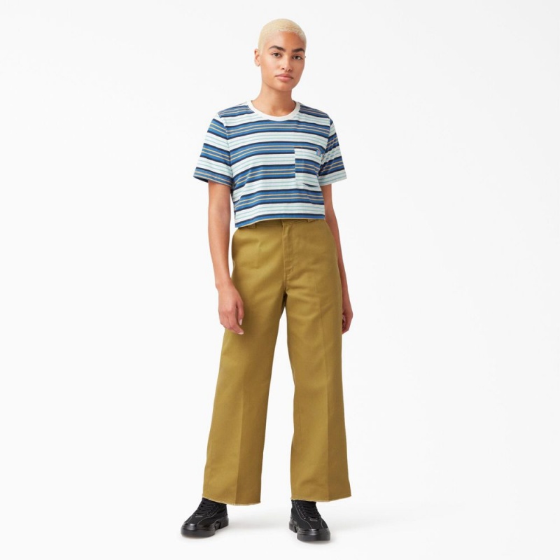 Women's Dickies Striped Cropped Pocket T-Shirt Blue | 8724165-BC