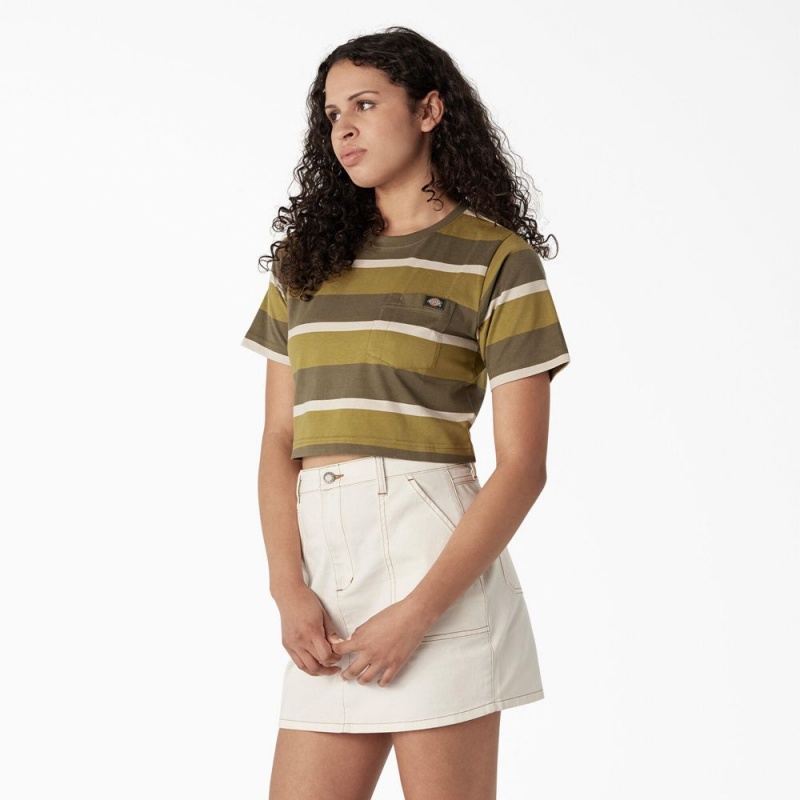 Women's Dickies Striped Cropped Pocket T-Shirt Green | 2791548-OV