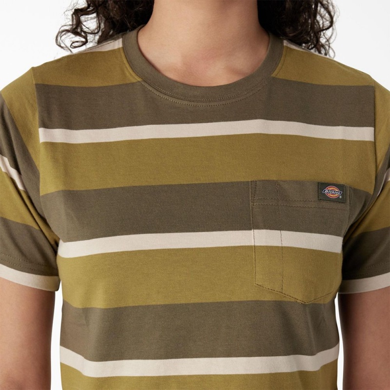 Women's Dickies Striped Cropped Pocket T-Shirt Green | 2791548-OV