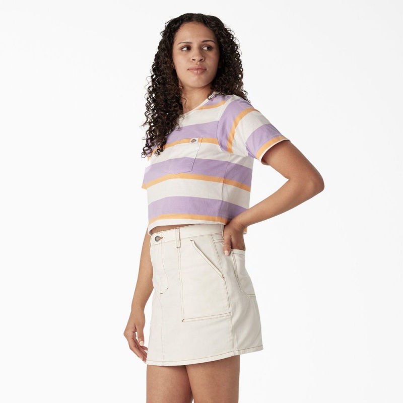 Women's Dickies Striped Cropped Pocket T-Shirt Purple | 8691342-LO