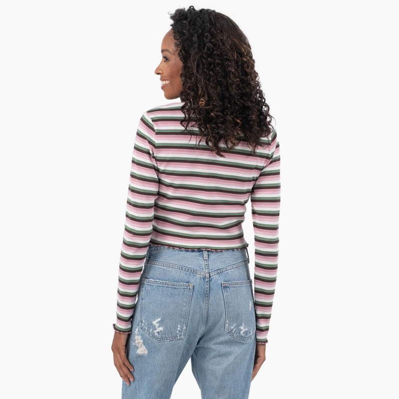 Women's Dickies Striped Long Sleeve Cropped T-Shirt Green | 4956137-MC